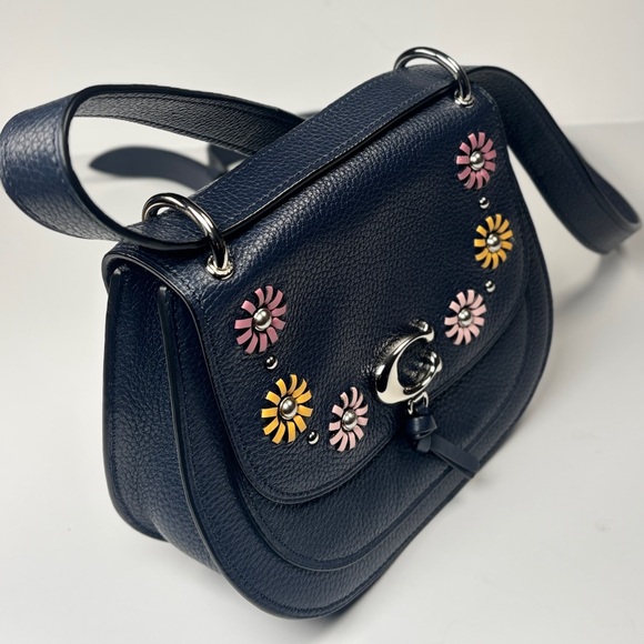 Coach Navy Blue Rami Leather Rami Saddle Crossbody. Floral Accents & studs. - Picture 7 of 9
